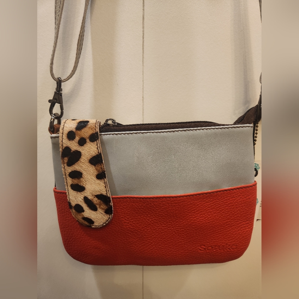 Soruka Red and Gray Crossbody Bag with Leopard Accent